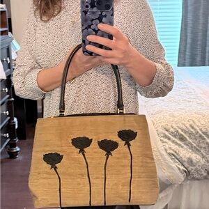 Vintage Beverly Feldman Gold Tote with Black Floral Appliqué